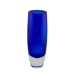 Single Bud Vase Hand Blown 7.75” Cobalt Blue to Clear Heavy Glass Floral Etching